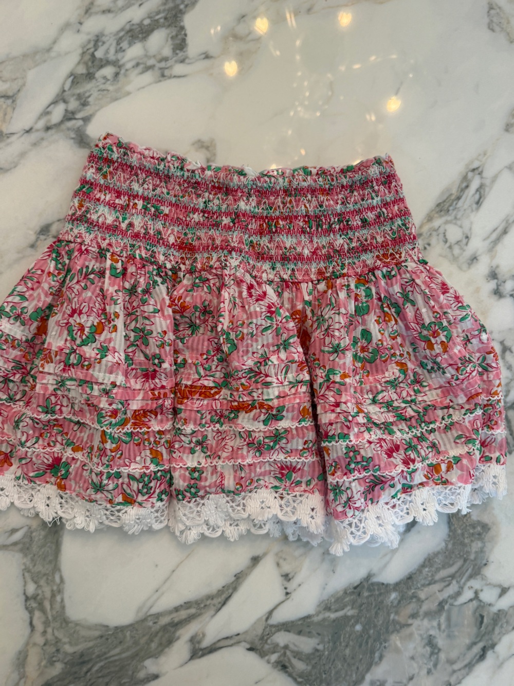 Poupette St. Barth Pink Floral Tiered Skirt with White Lace Trim